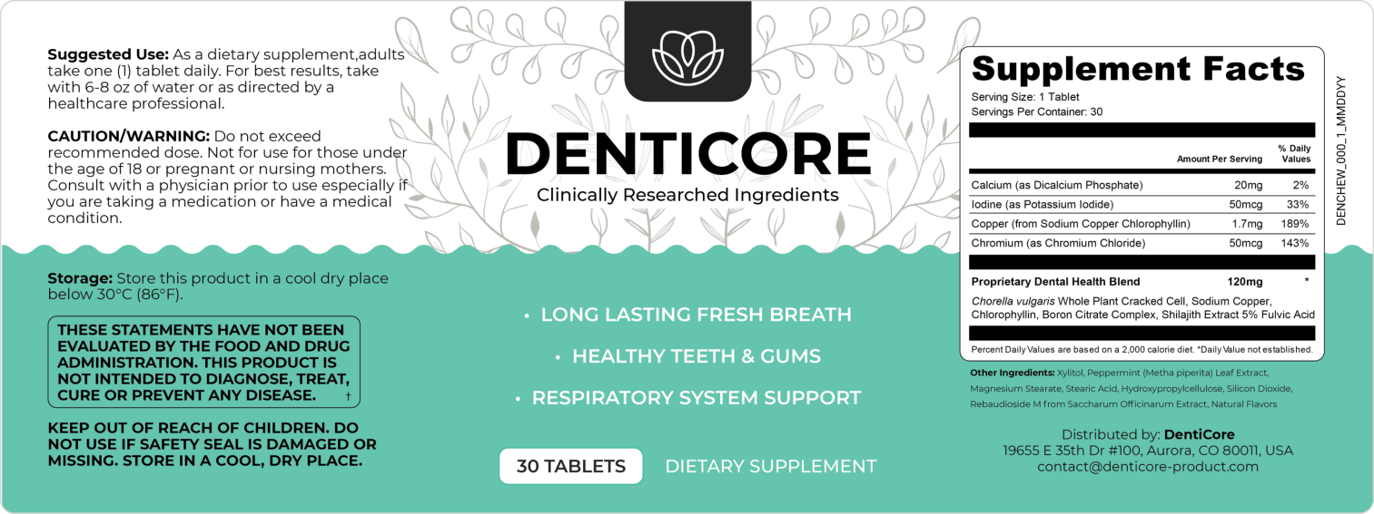 DentiCore Supplement Facts label